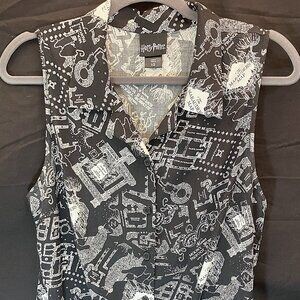 Harry Potter Womens Marauder's Map Sleeveless Front Tie Button Blouse